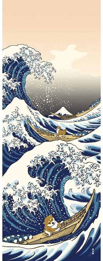 Hamamonyo Tenugui (Japanese hand towel) Hokusai: Shiba Inu and the Great Wave