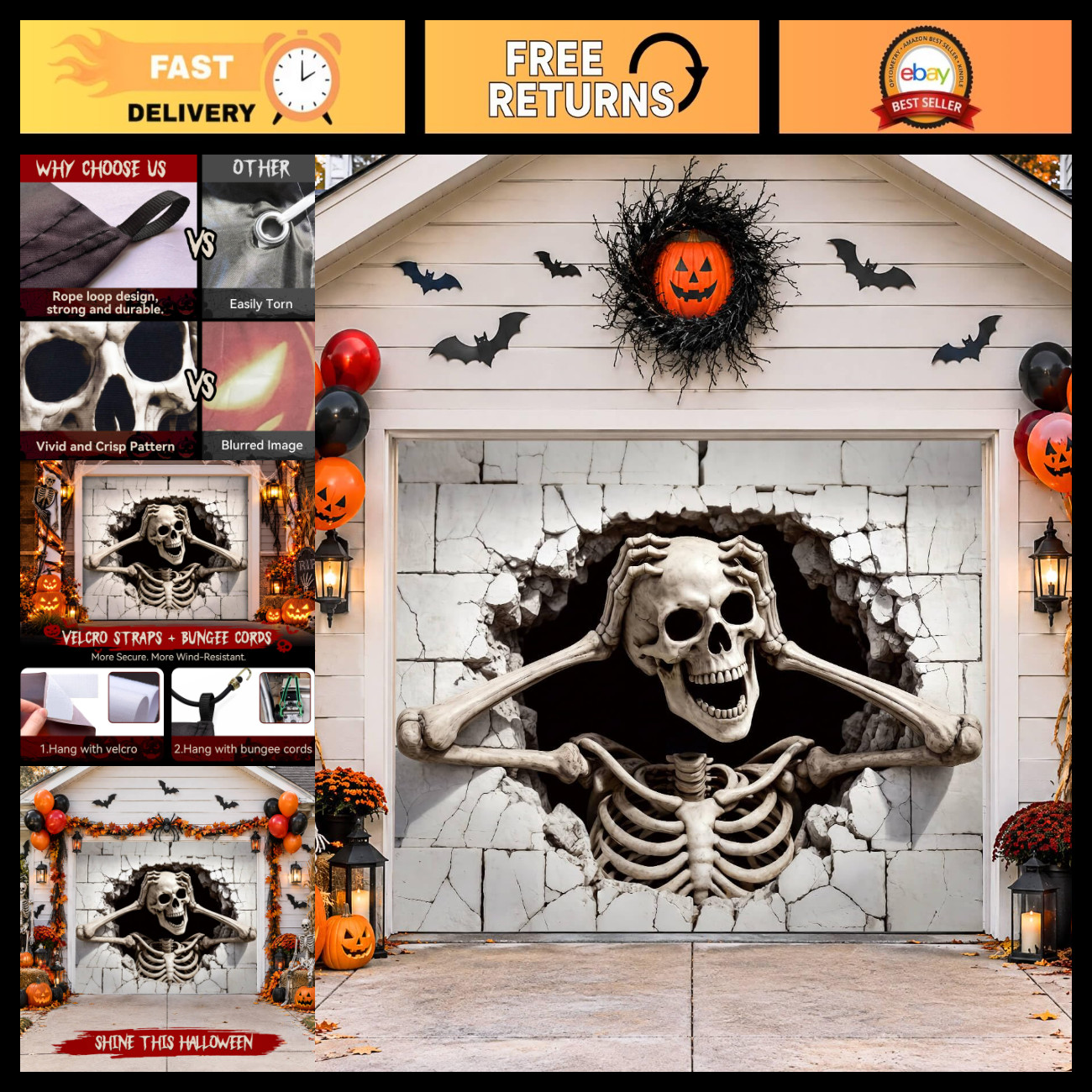 Halloween Garage Door Cover Decor, 7x8ft Outdoor Party Backdrop
