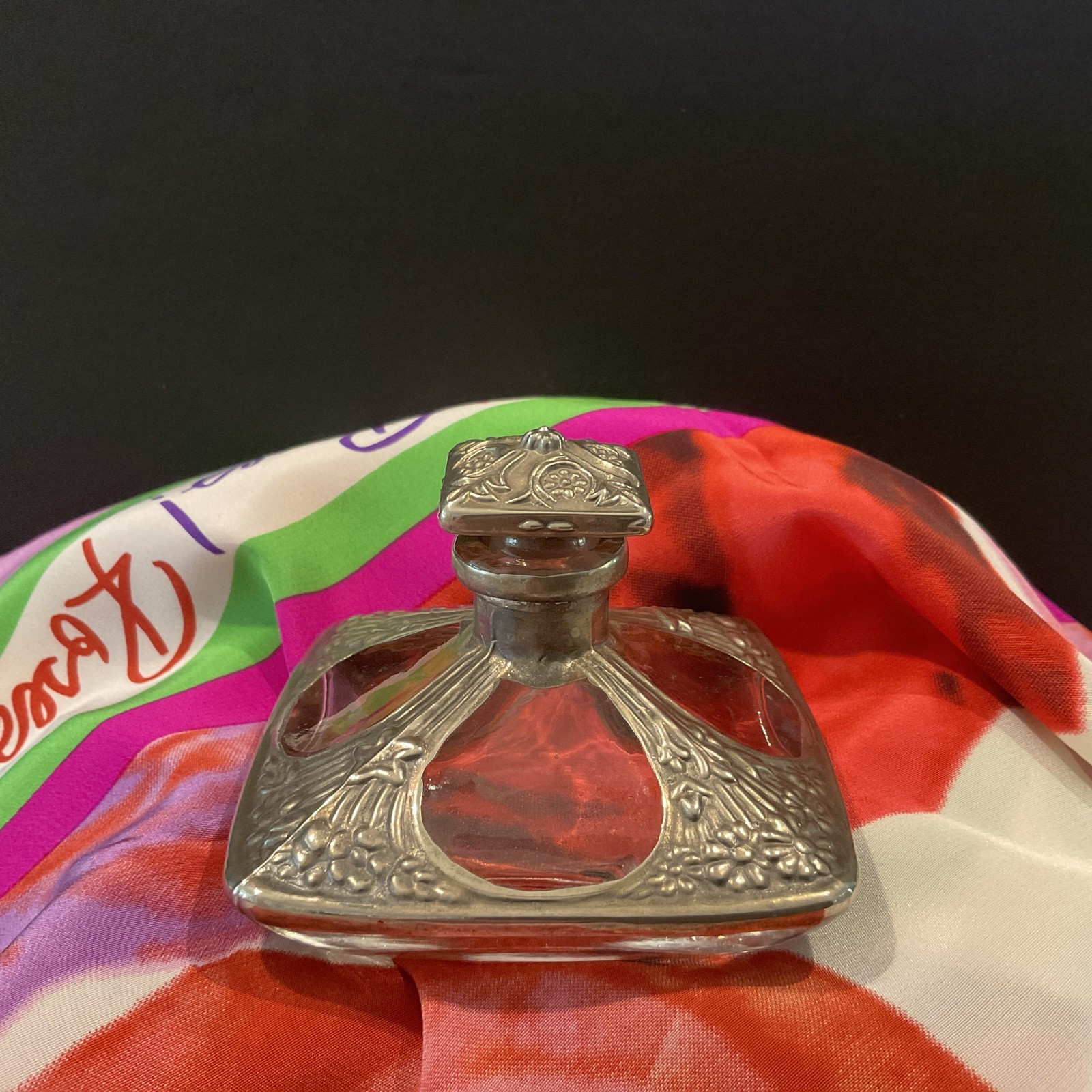 Antique Deco 1920’s  J. Giraud Square Glass Perfume Bottle Silver Floral Design
