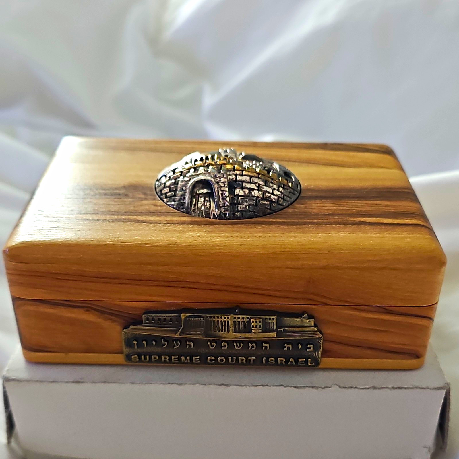 A. Klein Handmade Olive Wood Jewelry Box w/ Lid Metal Plaques Jerusalem