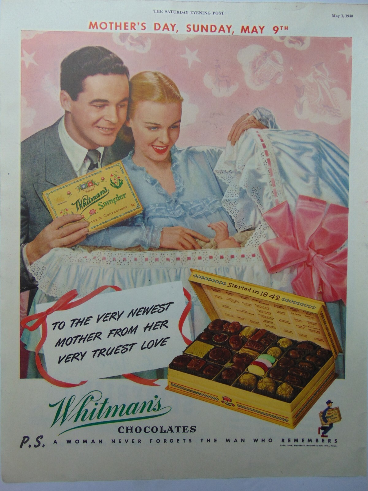 1948 WHITMAN\'S CHOCOLATES For The Newest Mother vintage art print ad