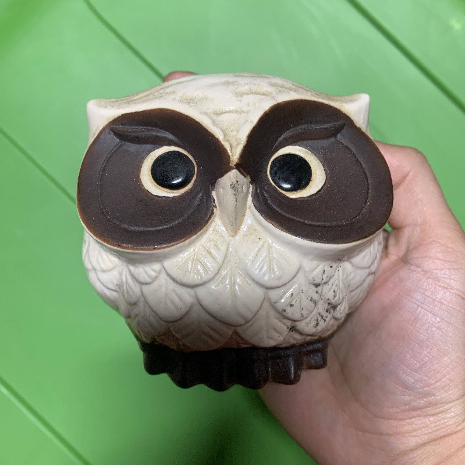 Vintage Ceramic Owl Figurine Brown Cream Big Eyes Bird Statue Retro Decor