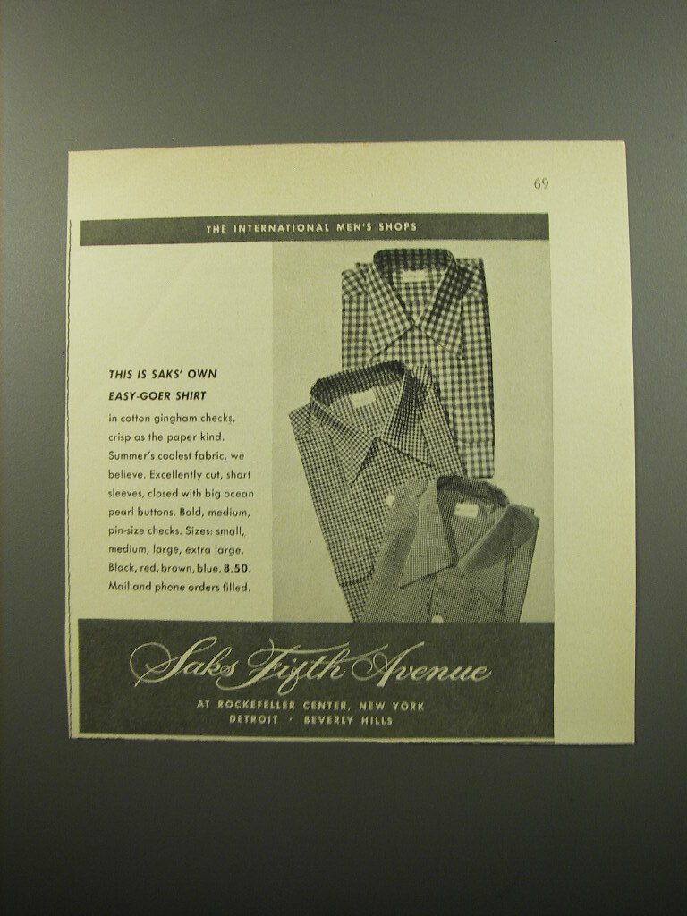 1950 Saks Fifth Avenue Easy-Goer Shirt Advertisement