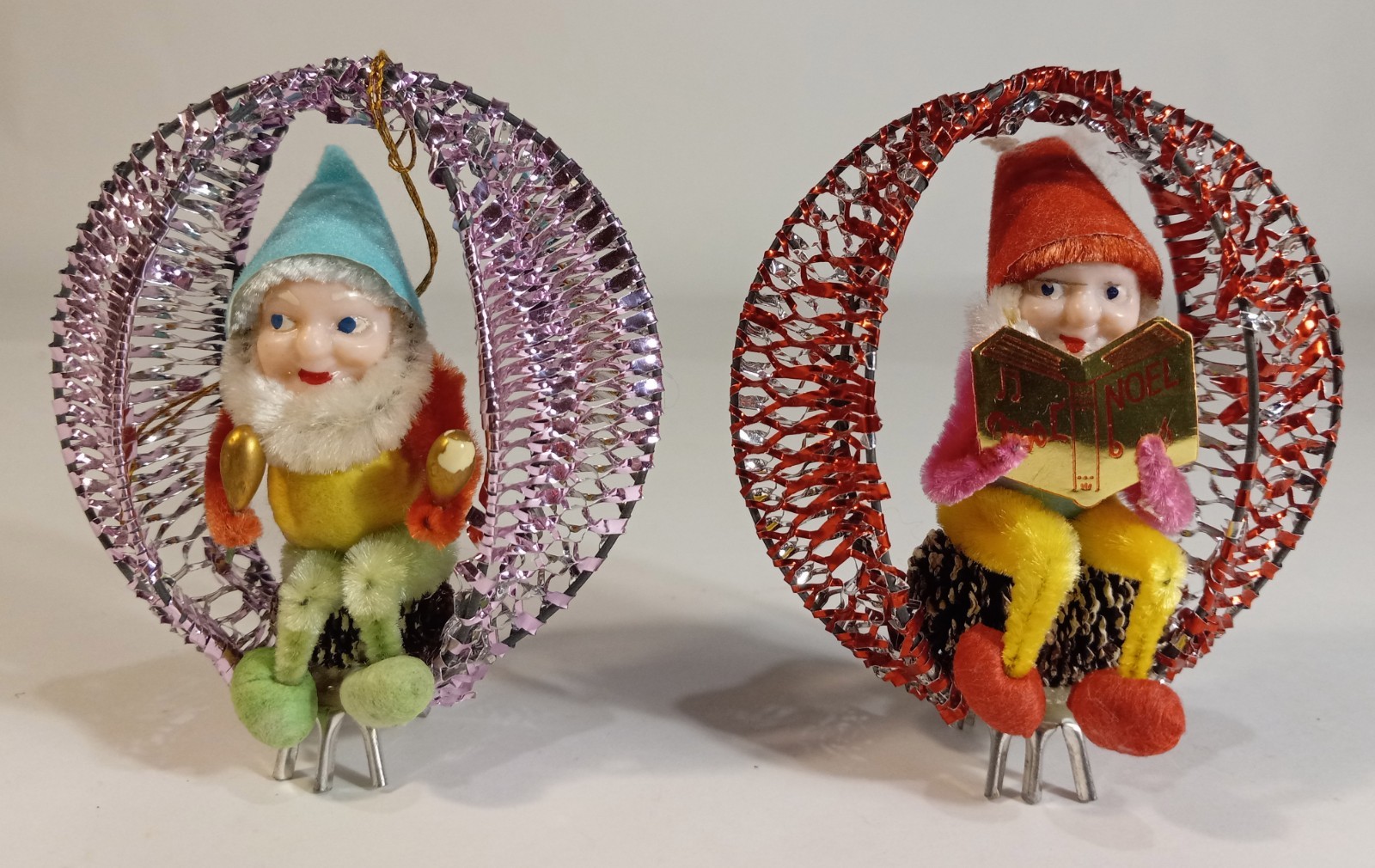 Vintage SHINY BRITE Chenille ELF Christmas Ornament Lot of 2-Foil-Mesh-Pinecone