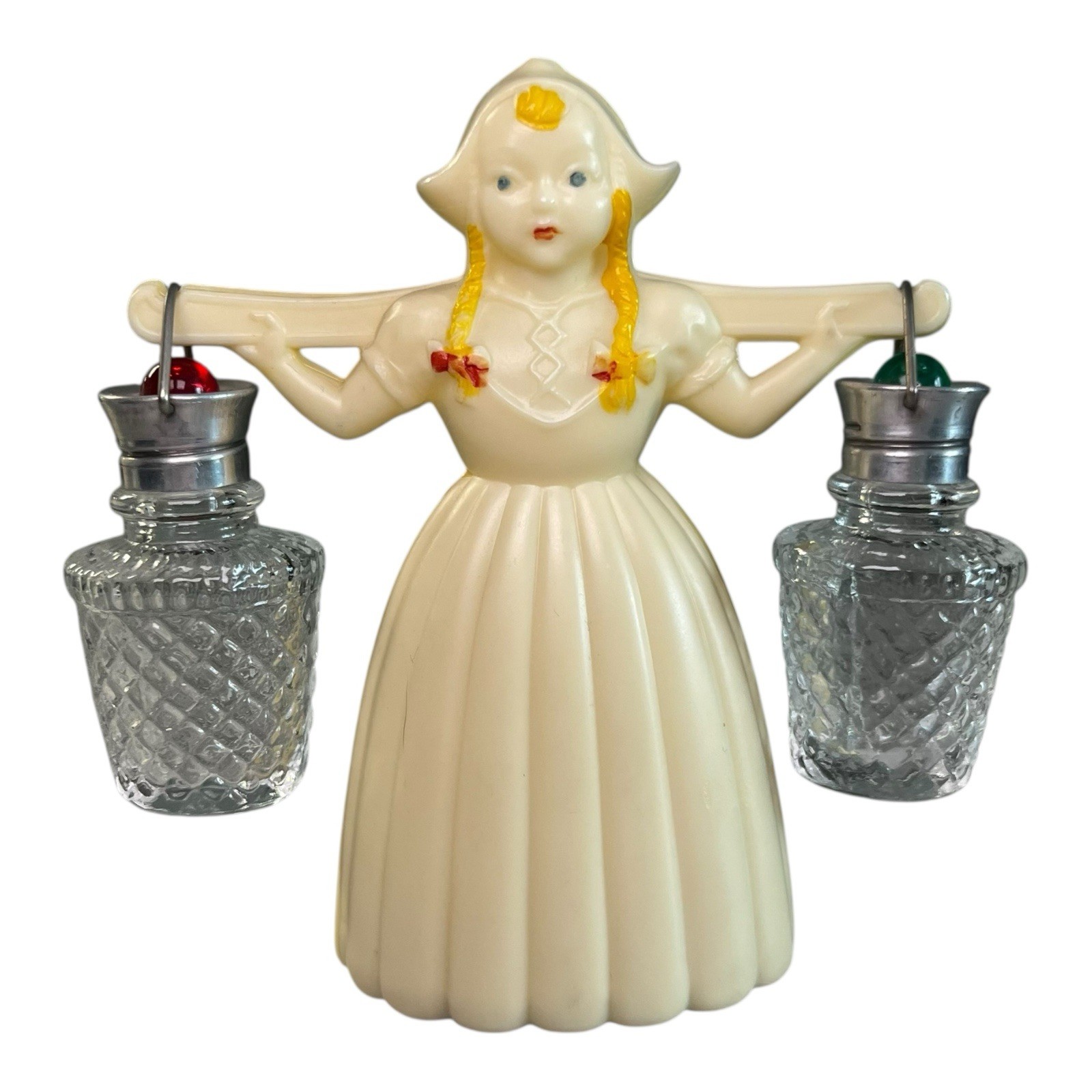 Vintage 1950s 1960s Salt and Pepper Shakers Milk Maid Plastic & Glass - Rare
