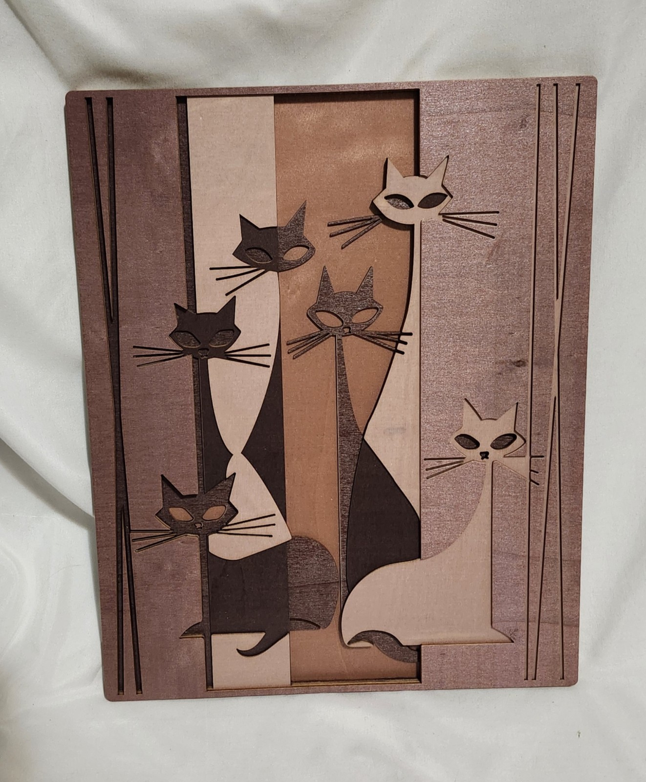 Layered Wood Atomic Cat MCM Mid Century Modern Wall Art Home Decor 13 x 10 1/2\