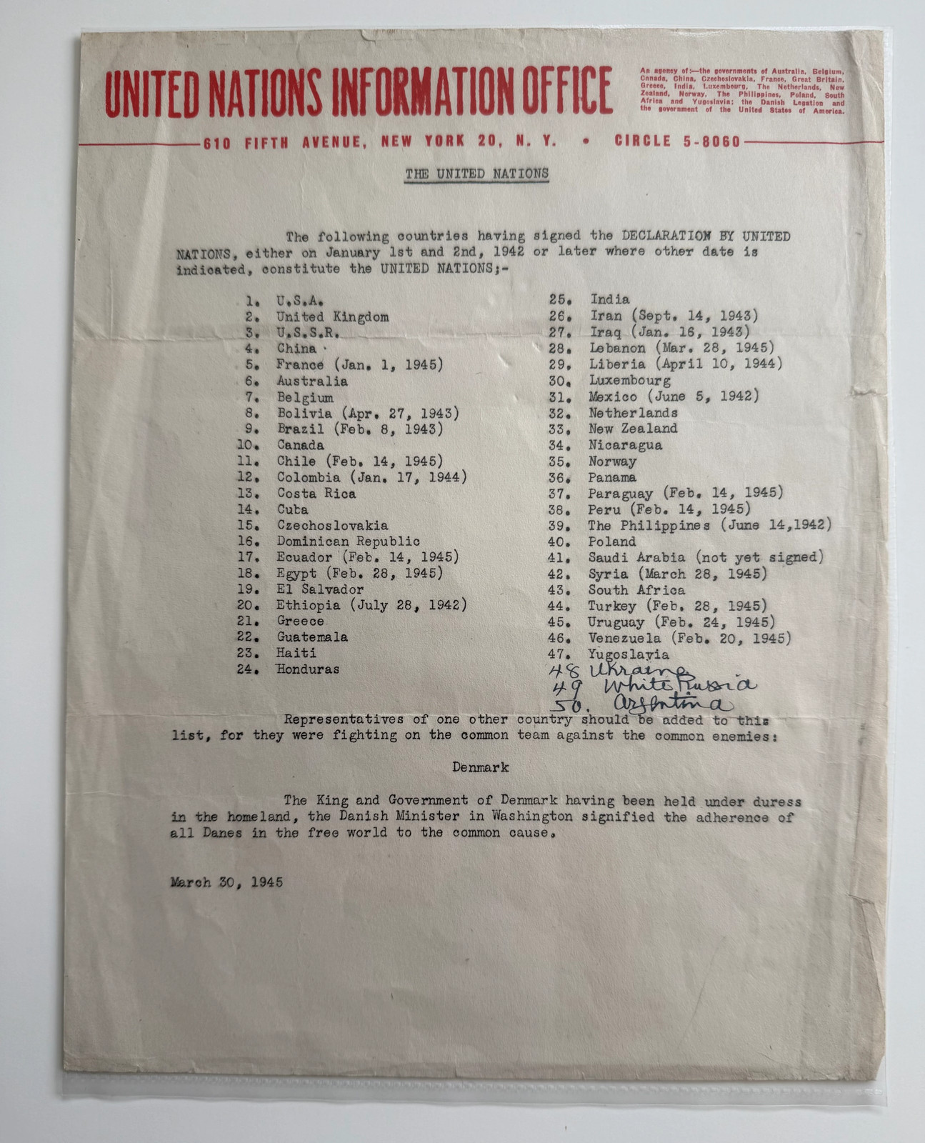 March 30, 1945 United Nations Information Office Press Release—Pre-Charter