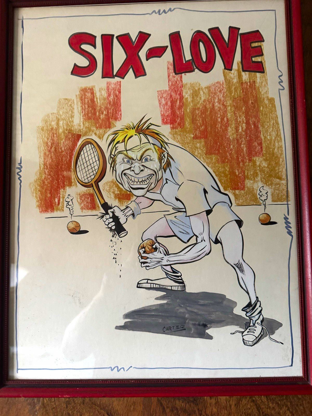 Six-Love Original Drawing, US Comics Tennis Player, Framed, Signed by Carter