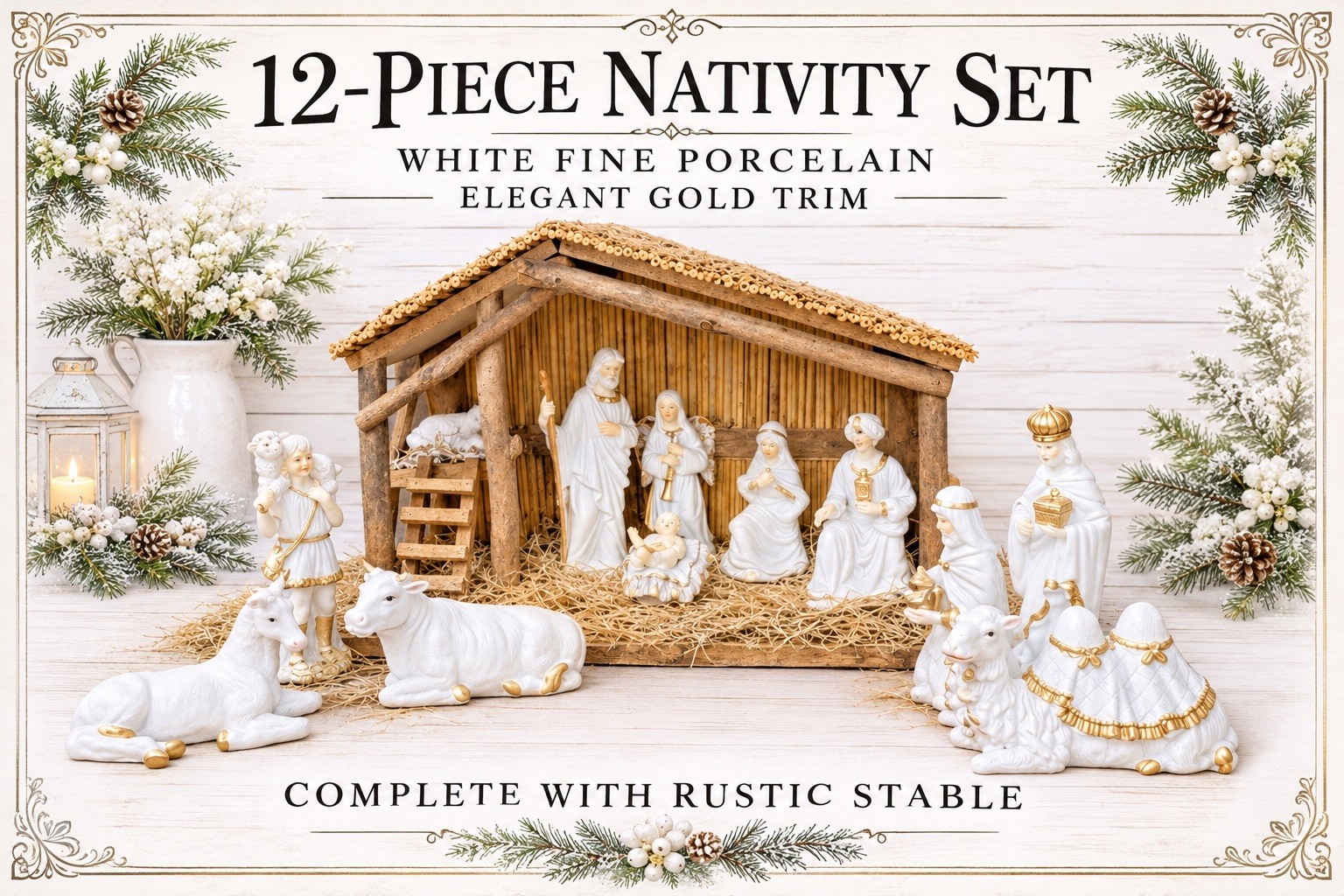 VTG (12) Piece Fine Porcelain Nativity Set  White W/ Gold Trim & W/ Large Stable