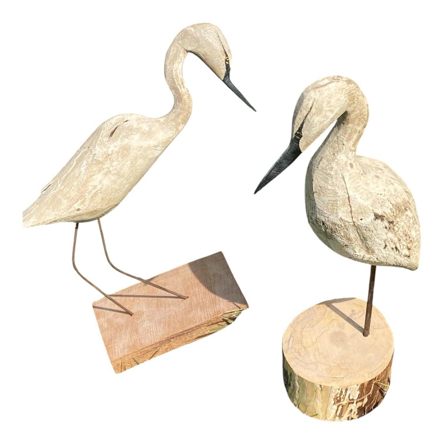 Pair Of Vintage Egrets Hand Carved From War Eagle, Ark. Folk Art Coastal Decor