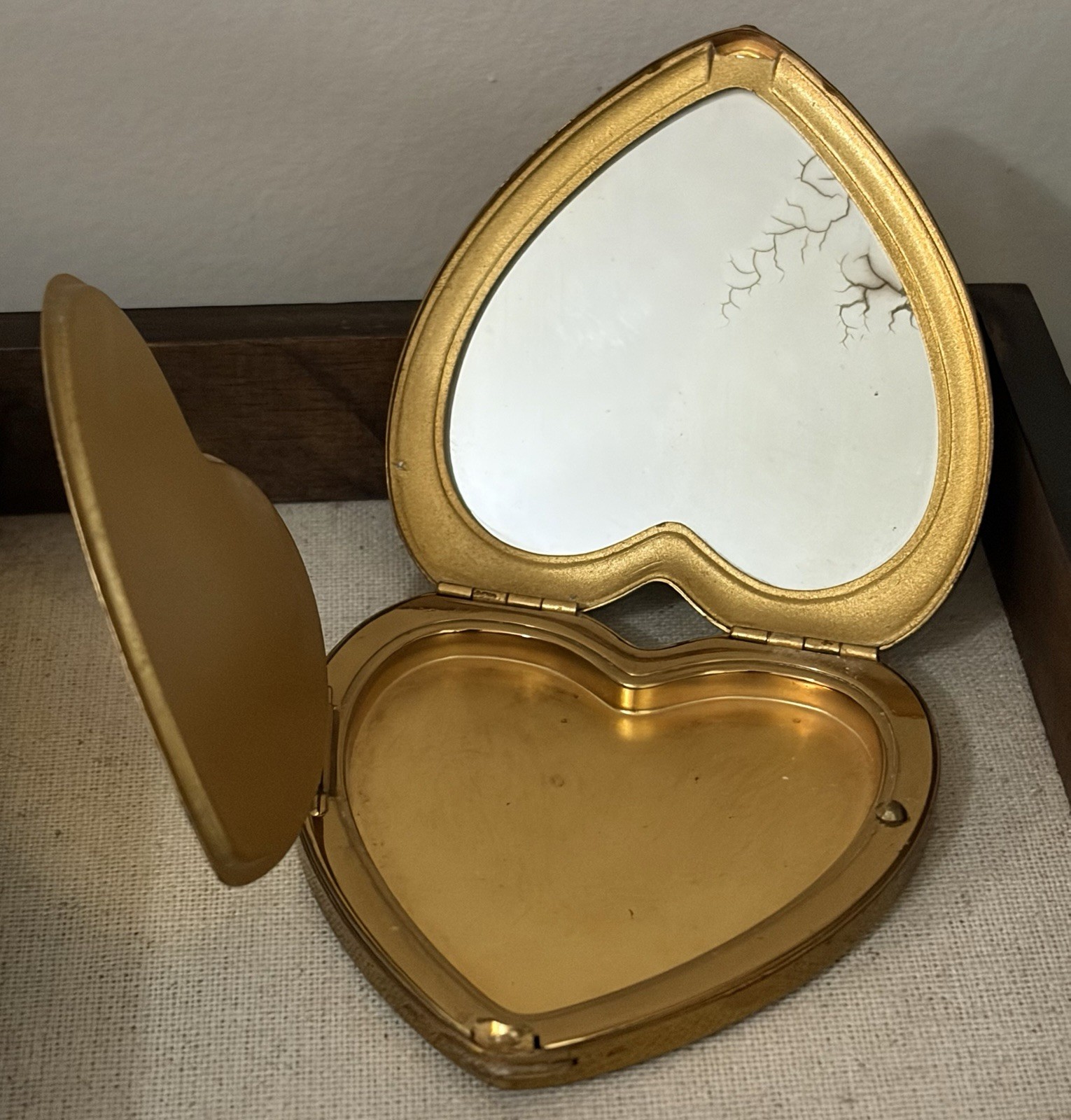 Vintage 50’s Gold Tone Heart Shaped Triple Folding Compact Mirror Engraved USA