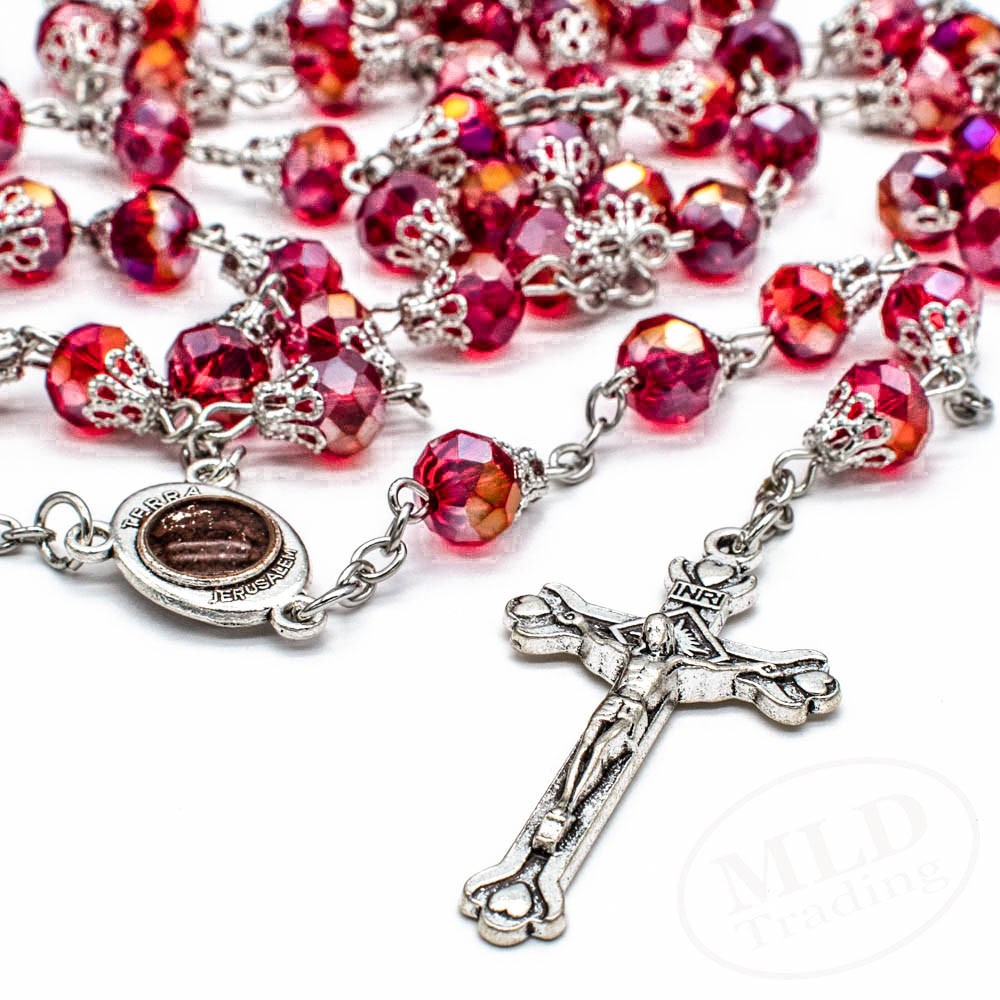Deep Red Rosary Necklace – Catholic Crucifix  8mm Crystal Glass Prayer Beads