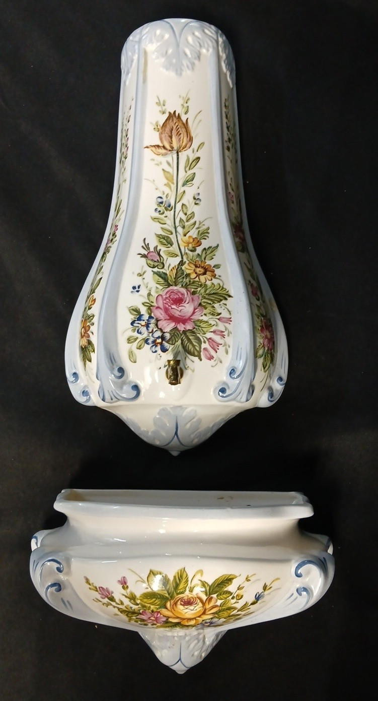 VTG Blue Floral Ceramic Lavabo Wall Pocket Fountain Planter 2 Pc Andrea Sadek