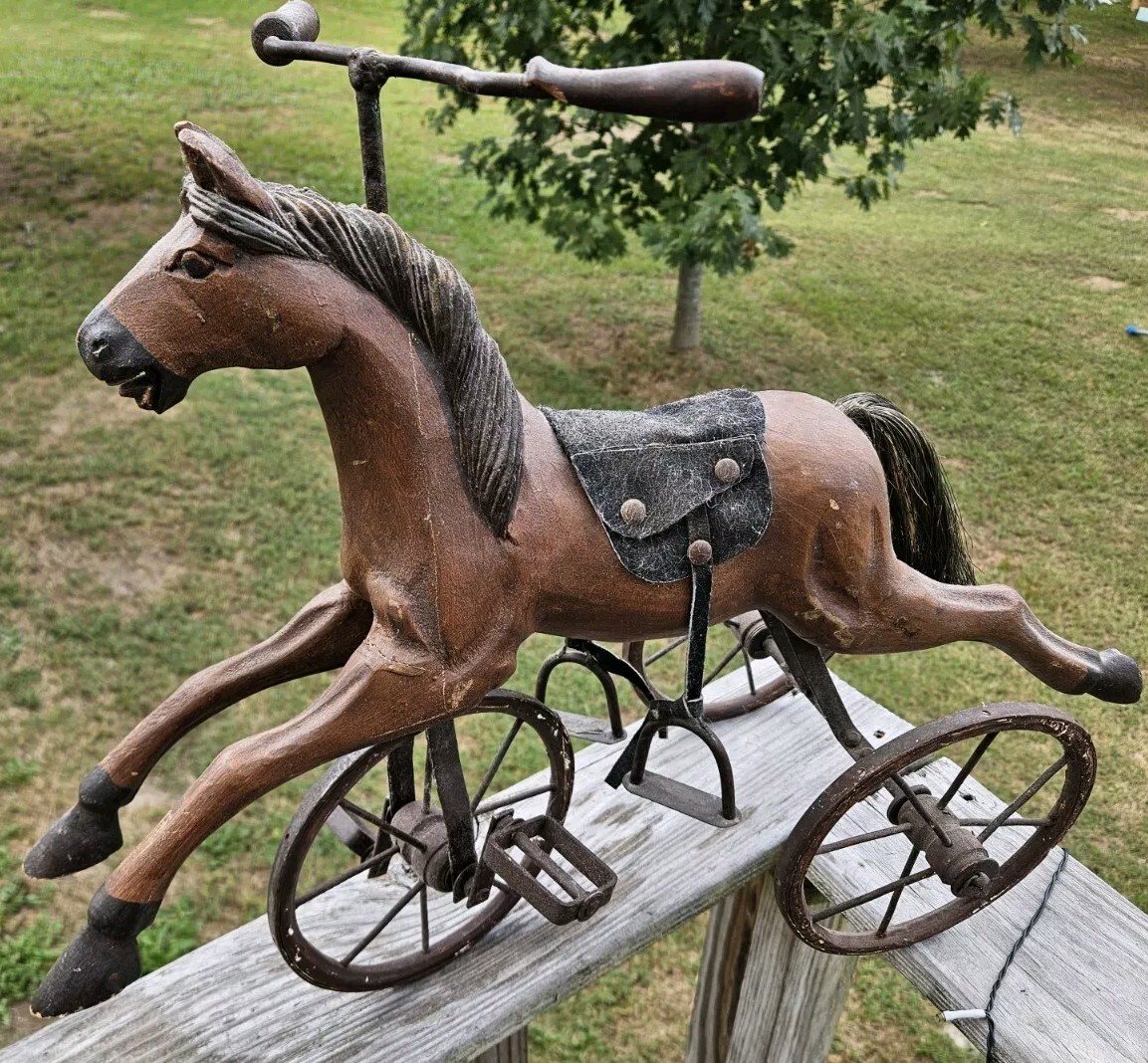 AWESOME Vtg. Wood, Leather Metal Tricycle Hand Carved Horse 23