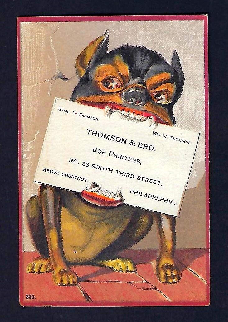 c1880 Victorian Trade Card, Thomson & Bro. Job Printers, Dog Biting Card