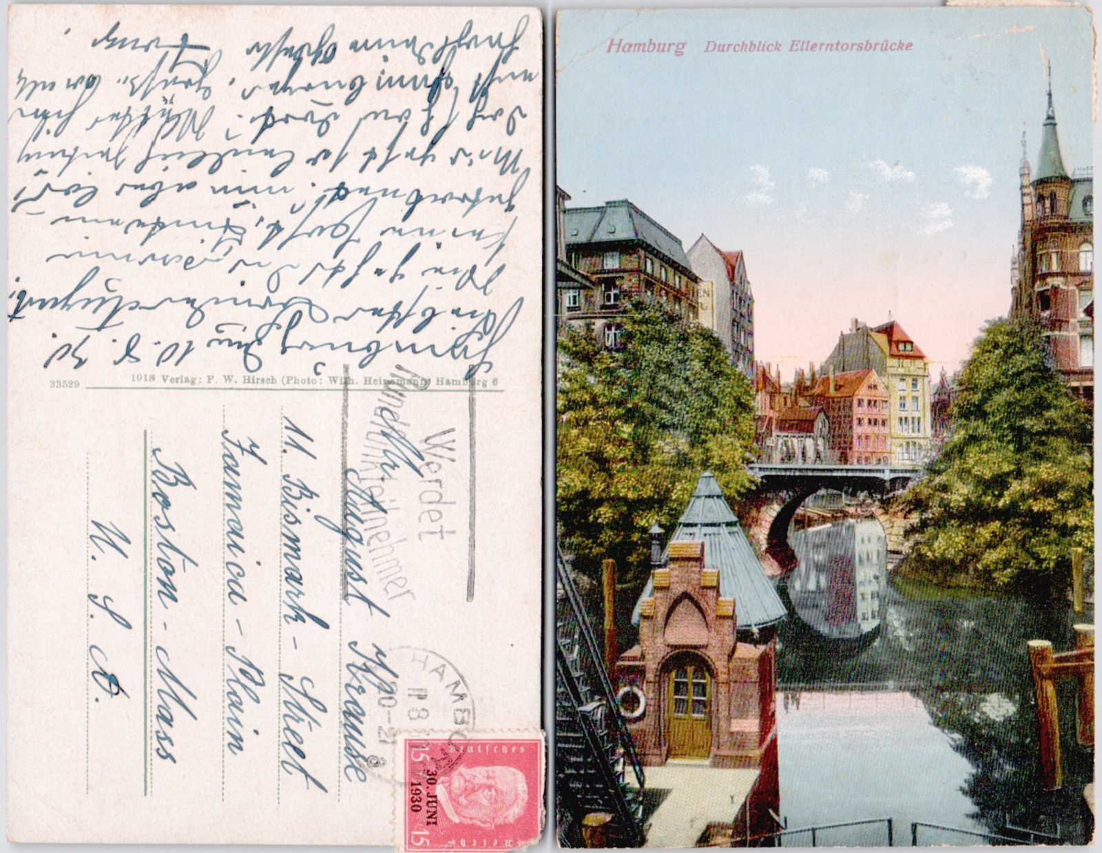 Germany Hamburg 1930 Ellern tors Bridge Canal Tower To Boston MA Postcard