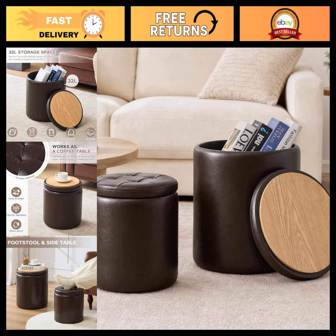 Set of 2 Storage Ottoman, Space Saving Ottoman with Storage for Bedroom