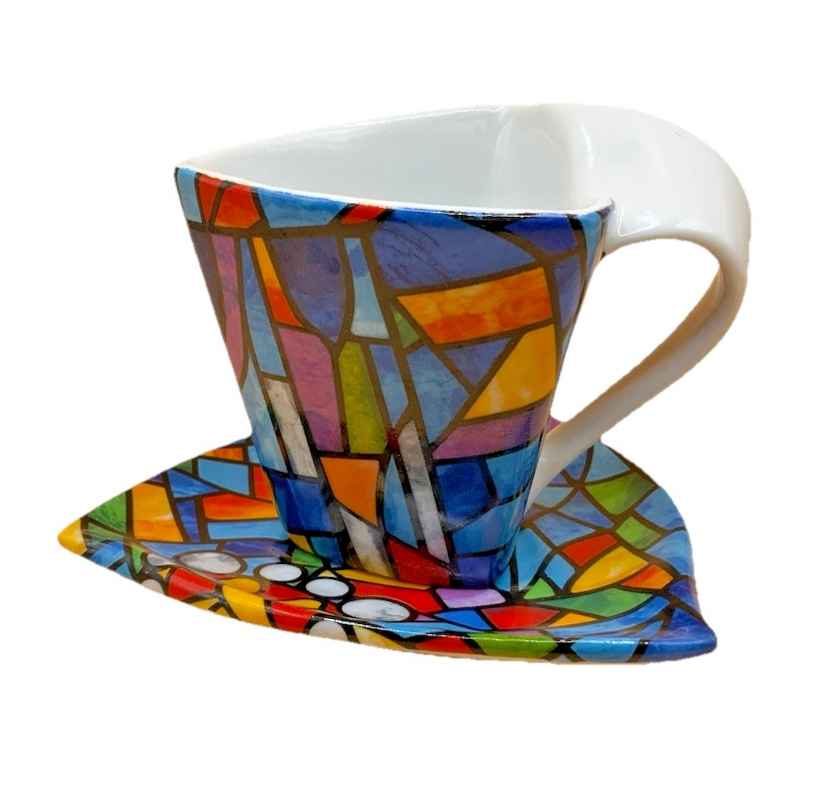 Barcelona Gaudi-Style 4oz Artistic Colorful Espresso Cup And Plate; Unique