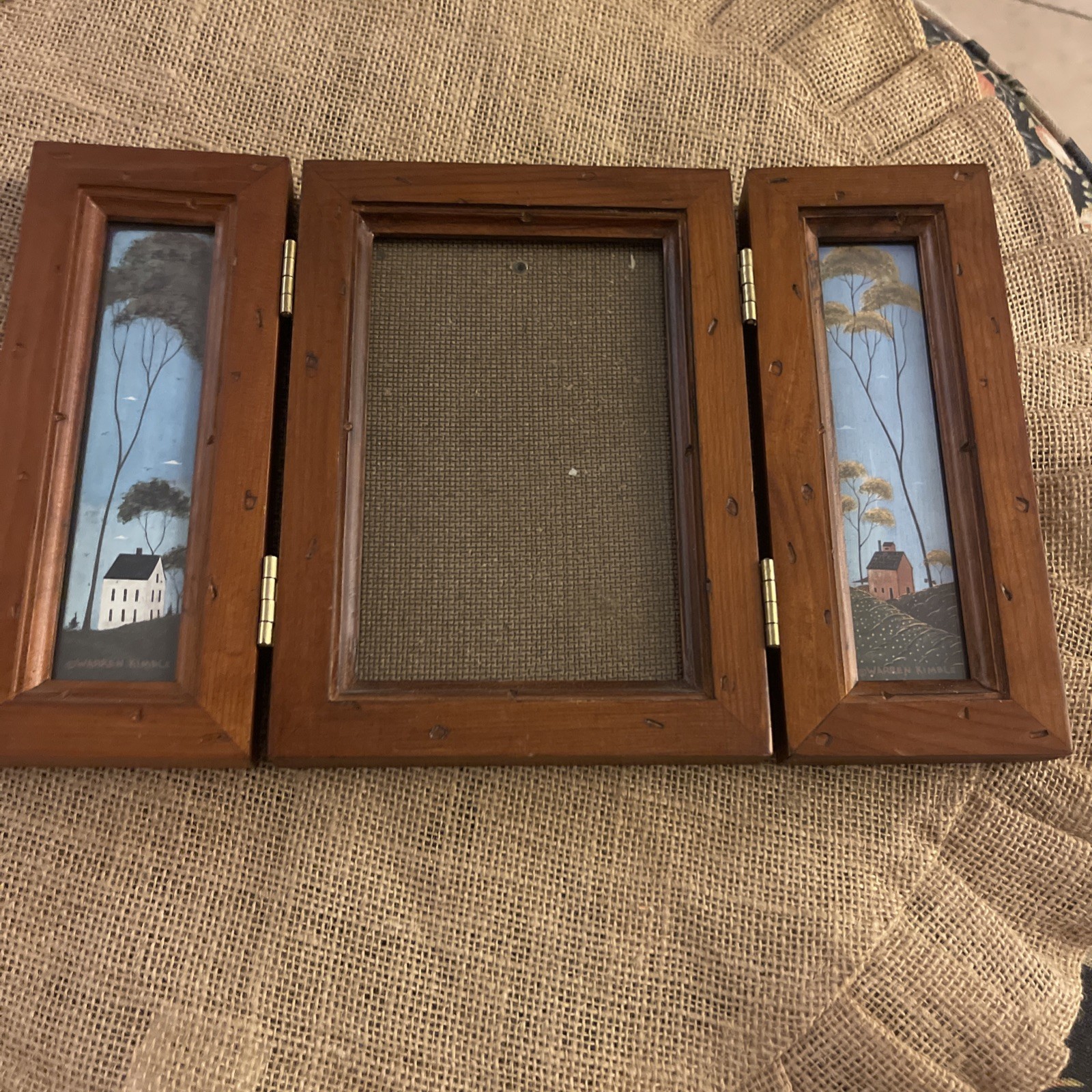 VTG Warren Kimble Folk Art Tri- Fold Picture Wood Frame 4x6 Rustic Americana