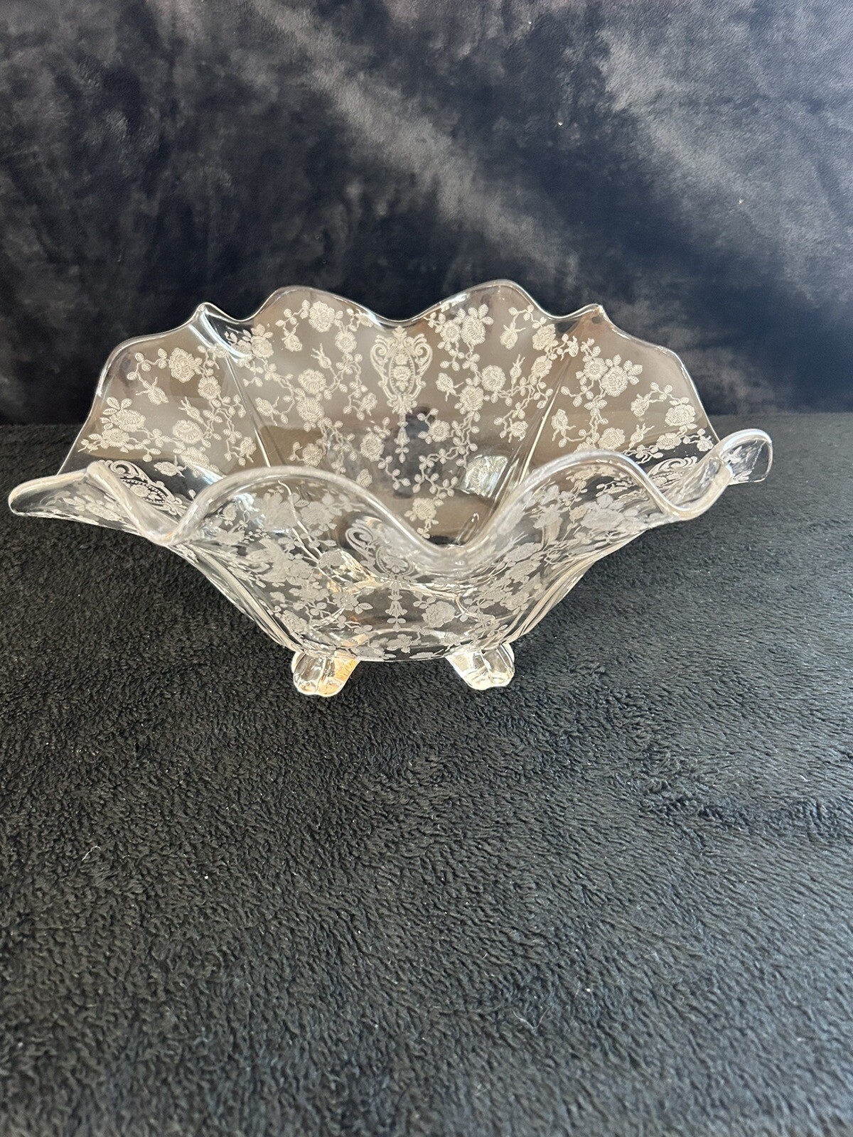 Elegant Cambridge Crystal Rose Point Four Toed Bowl