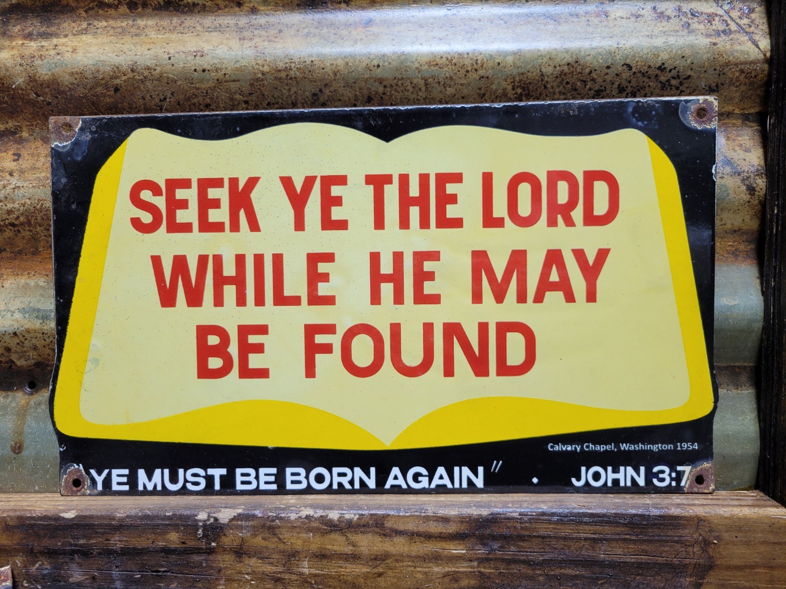VINTAGE CHURCH PORCELAIN SIGN 1954 CHRISTIAN SEEK THE LORD BIBLE GOD RELIGION