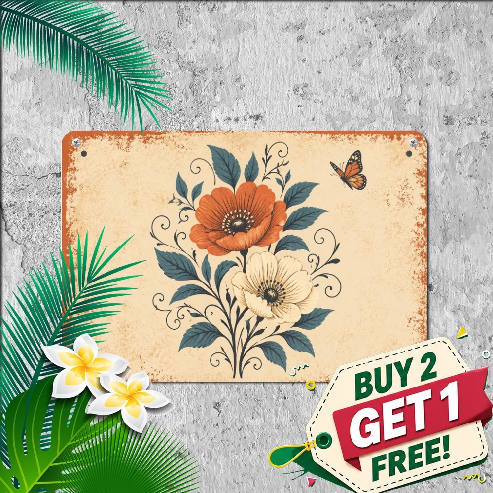 vintage floral butterfly illustration two flowers curling vine