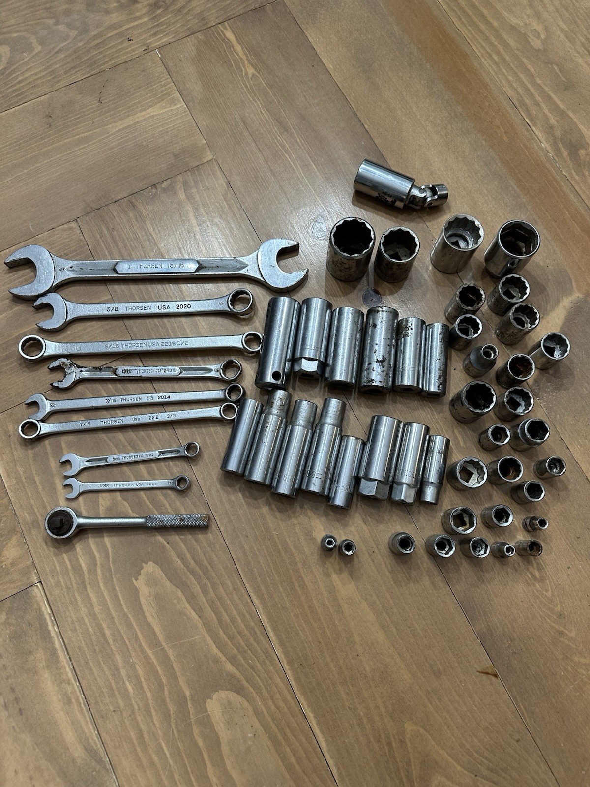 Thorsen Tool Lot of 53 Pieces Wrenches, Sockets, & Ratchets USA Mechanic