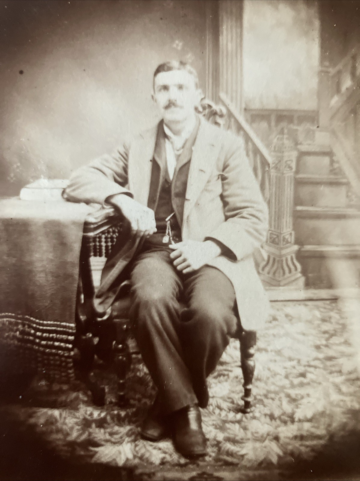 Stately Man Studio Portrait Pose 4x5 Antique Photo On Board F.L. Wilson