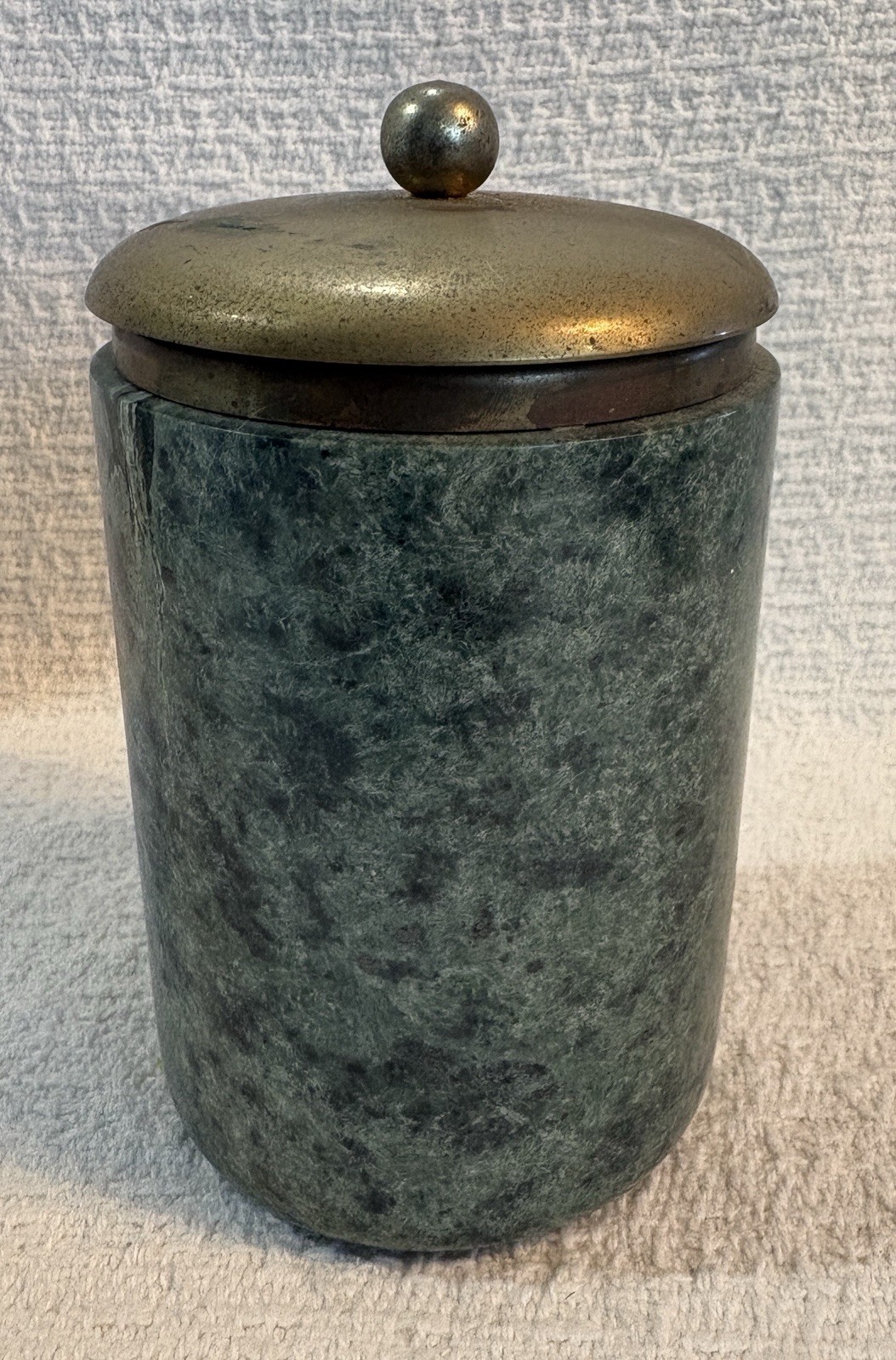 Vintage MCM Green Marble & Brass Lidded Canister Tabletop Cigarette Holder Jar