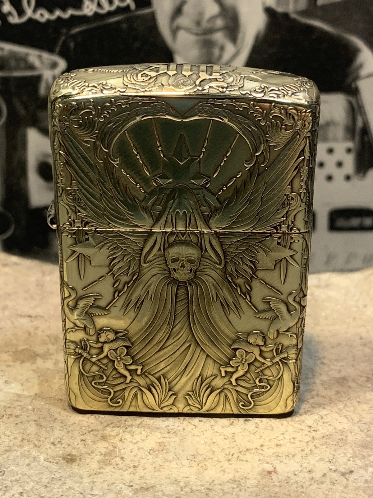 RARE Zippo lighter Armor Demon Angel Brass 5-side Deep Engraved NEW Velvet Box