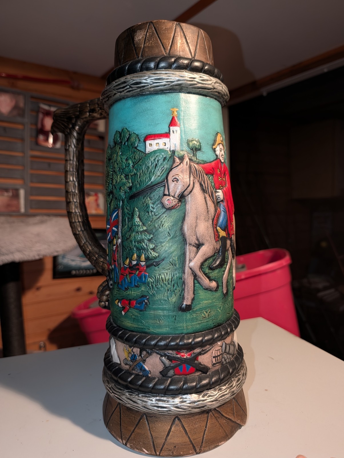 vintage hand-painted  beer stein  depicting scenes from the American Revolution
