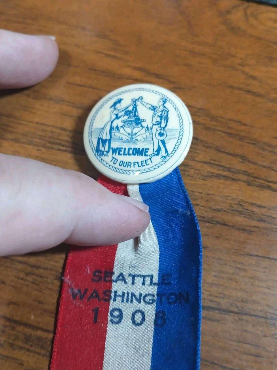 RARE 1908 Visit To Washington State Great White Fleet Navy Pin & Ribbon 