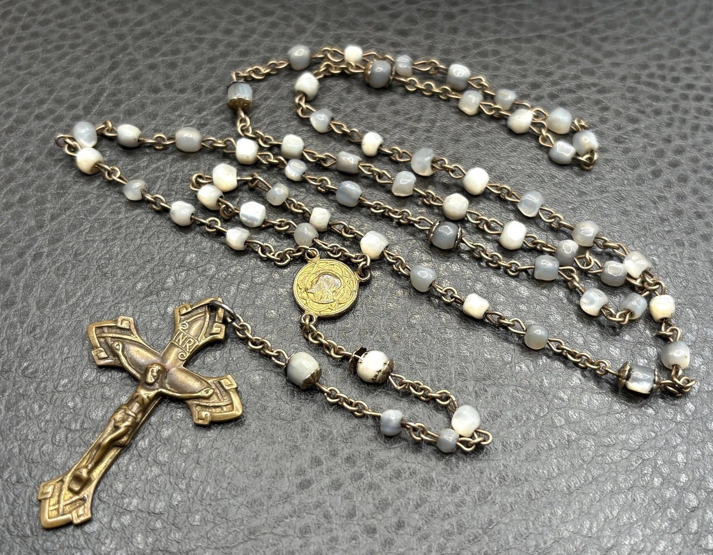 Vintage Brass Mother of Pearl Catholic Rosary Necklace Crucifix Medal Unique 26”