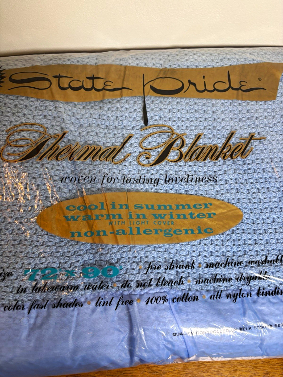 NEW Vtg 70s Waffle Weave State Pride Blue Blanket 72x90 100% Cotton Belk Sealed