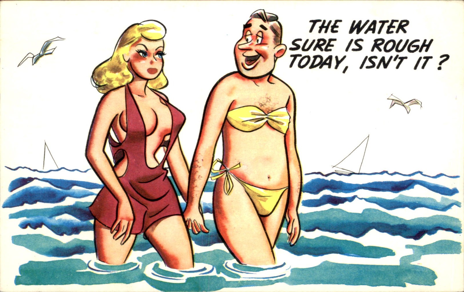 Bathing Beauty Man in Bikini Crossdressing Humor c1950s Postcard