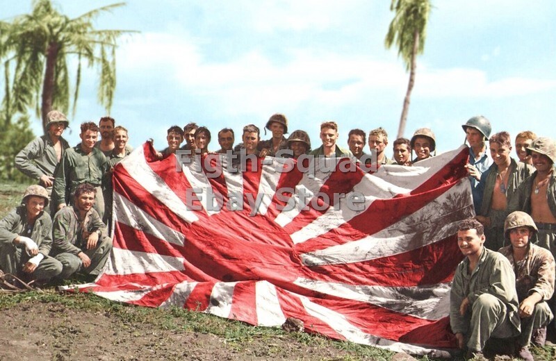 WW2 Picture Photo Marines pose with a Japanese flag they captured 6101