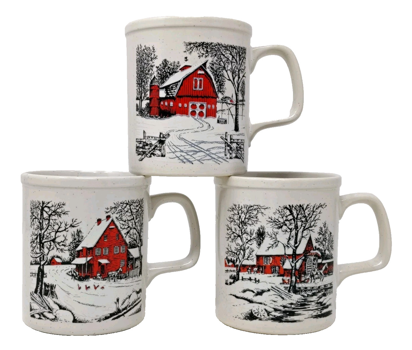 VTG Winter Farmhouse Stoneware Coffee Mug Cup SET 3 Japan Red Barn Farm Snow Art