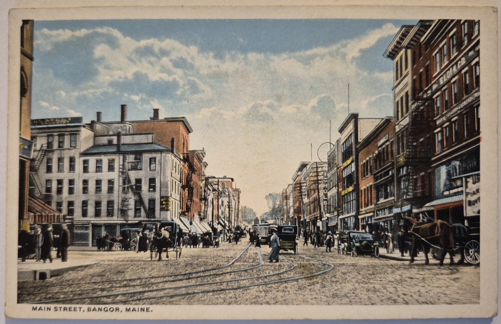 Vintage Postcard Main Street Bangor Maine Horse Carriages AA129