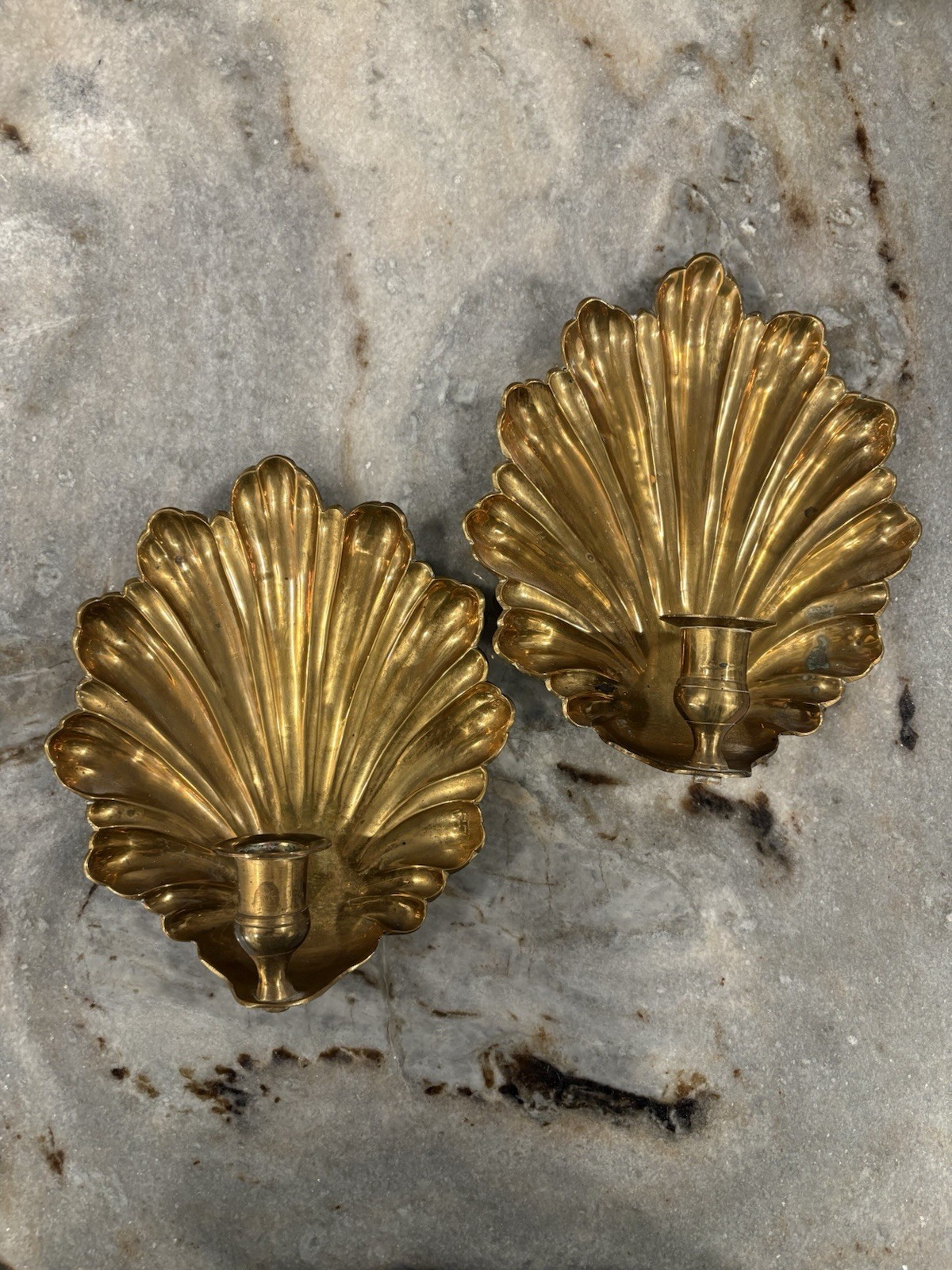 RARE PAIR Vintage Brass Clam Scallop Shell Wall Candle Sconces Regency MCM