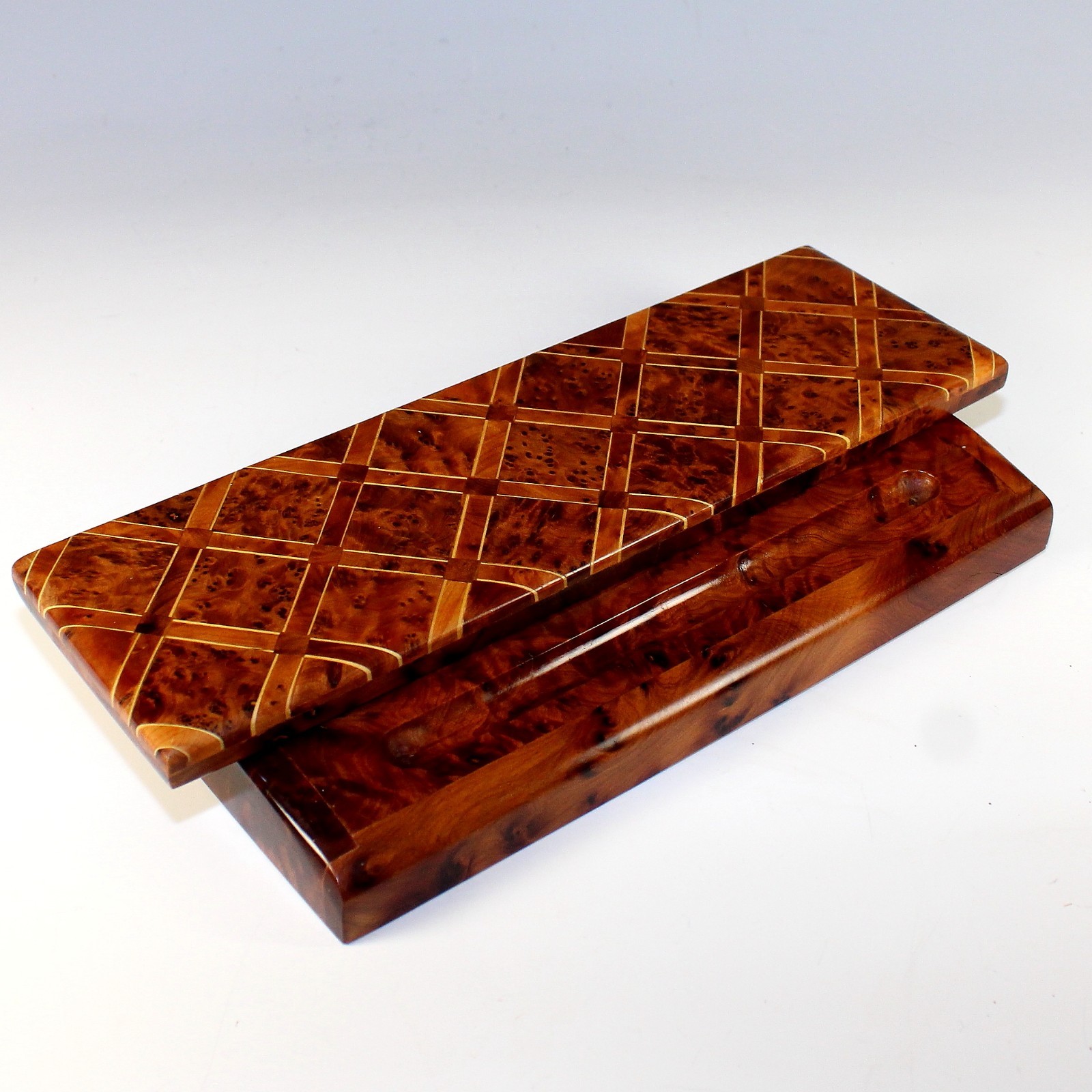 Mid-Century Inlaid Amboyna Burl Decorative Pen Tray Desk Box