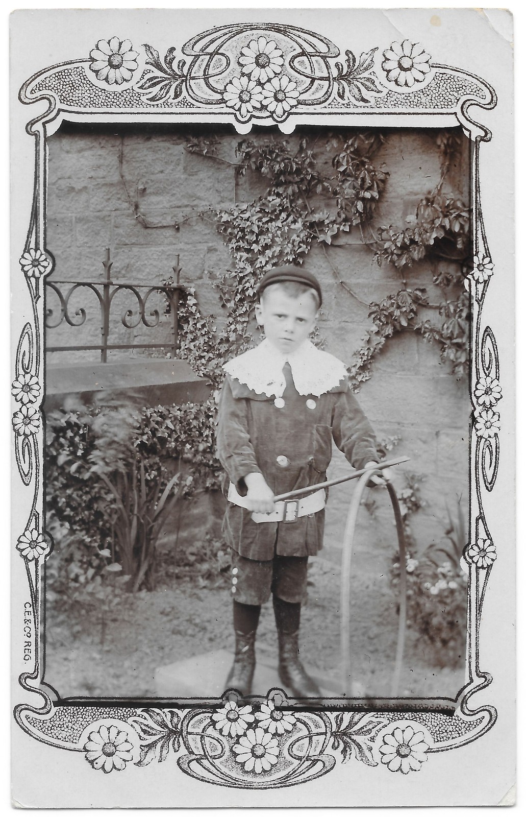 Edwardian Boy w/ Hoop Garden RPPC Postcard c1910 Divided Back