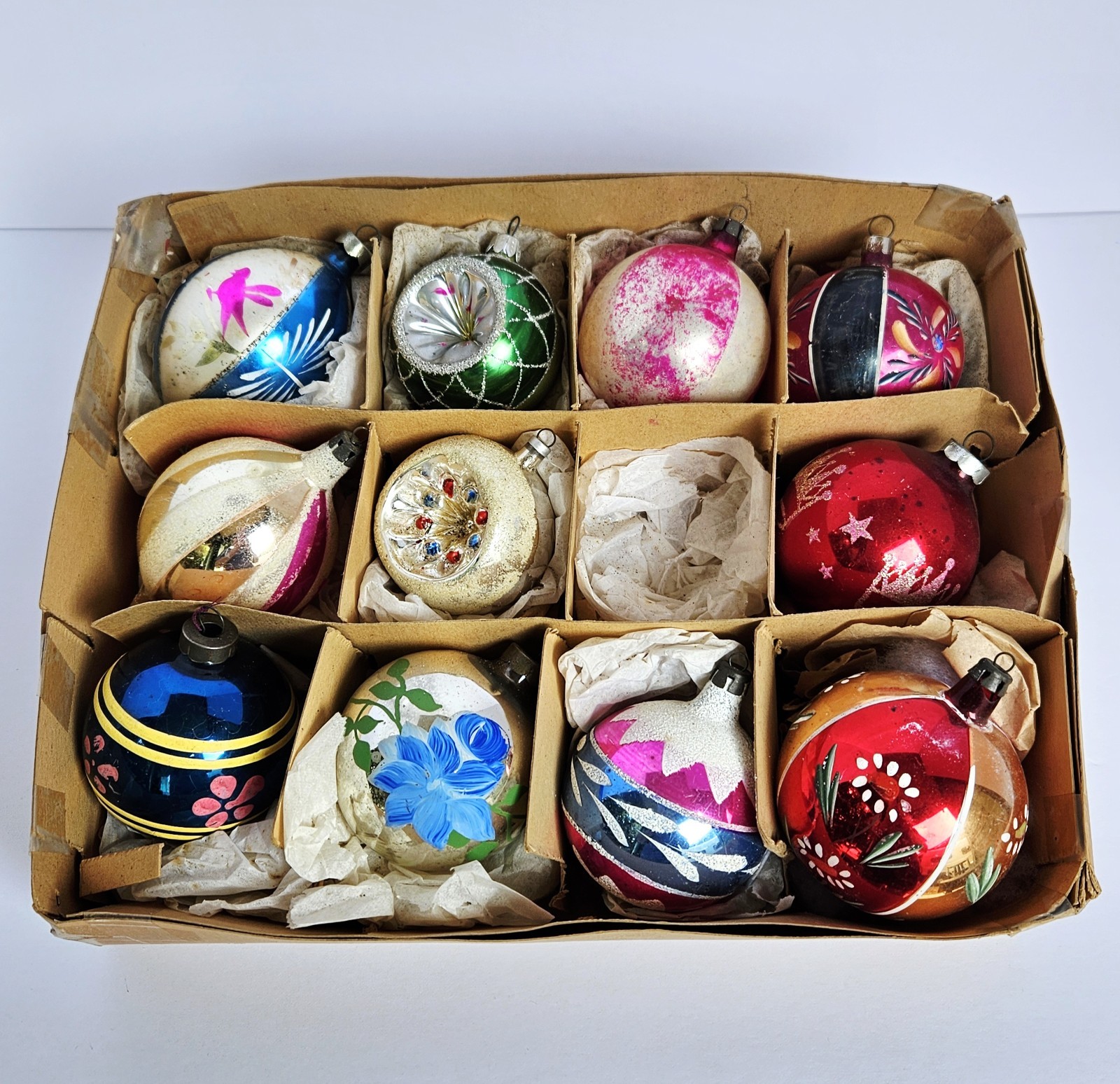 11 Vintage Hand Painted Mercury Glass Polish Austria USA Christmas Ornaments