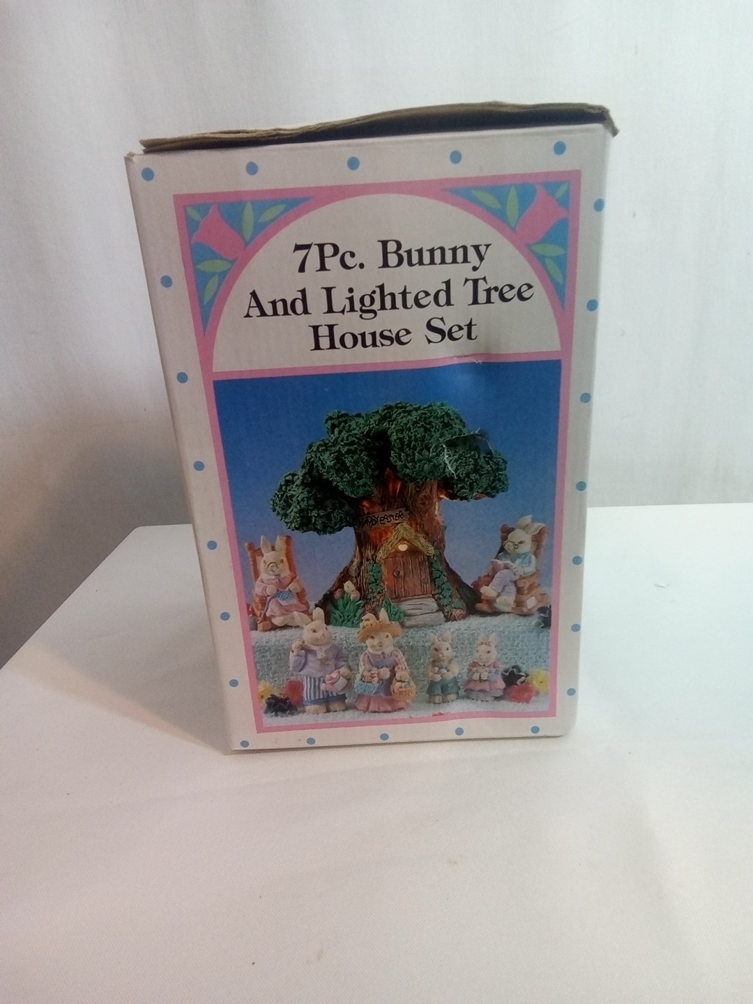 Vintage 7 Piece Bunny And Lighted Tree House Set With Original Box 