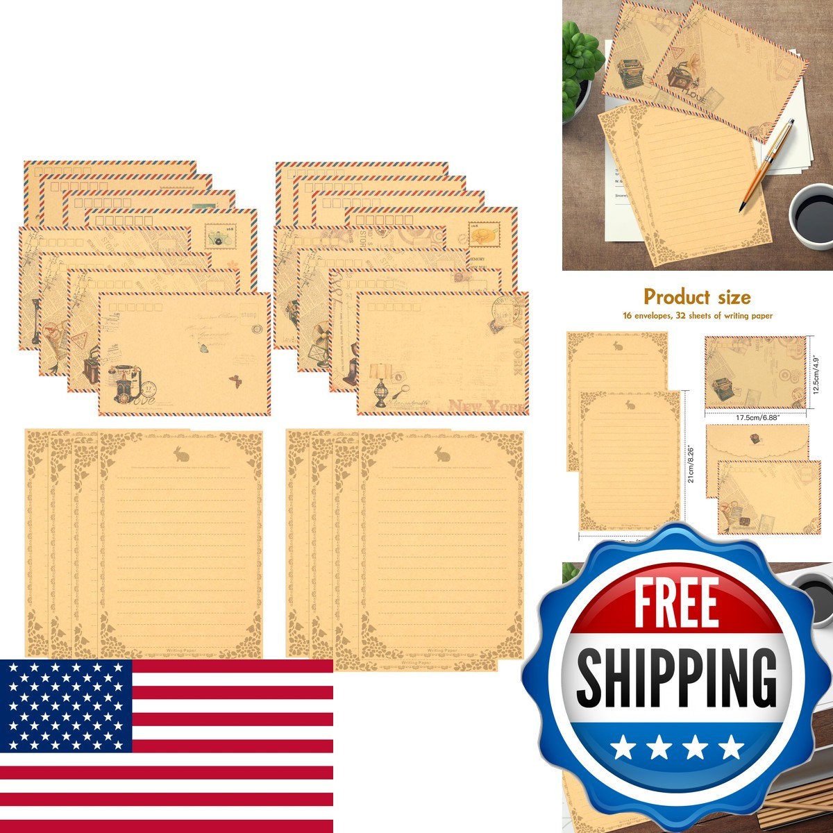 KSIWRE 48 PCS Vintage Style Stationery Paper And Envelopes Set, 32 PCS Lined