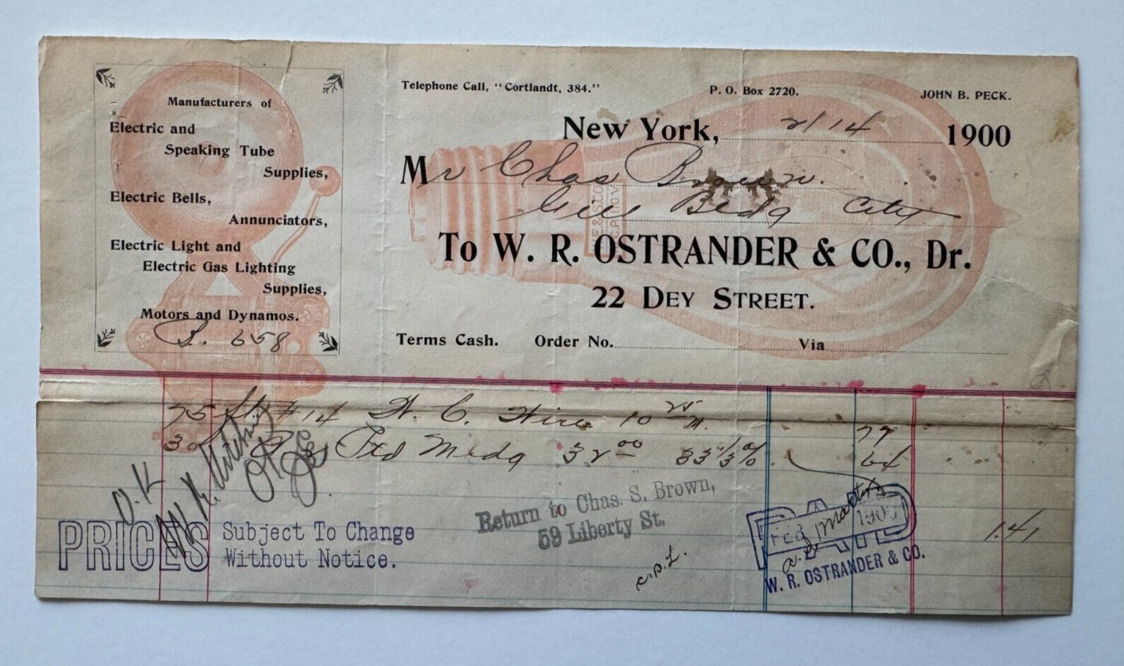 Vtg 1900 Billhead New York NYC WR Ostrander & Co 22 Electric Lighting 22 Dey St