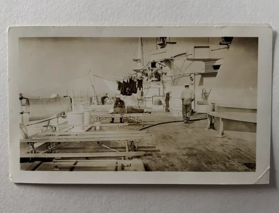 Vintage WW2 Era Photo Deck Of Navy Ship Sailors Military Men Clothesline