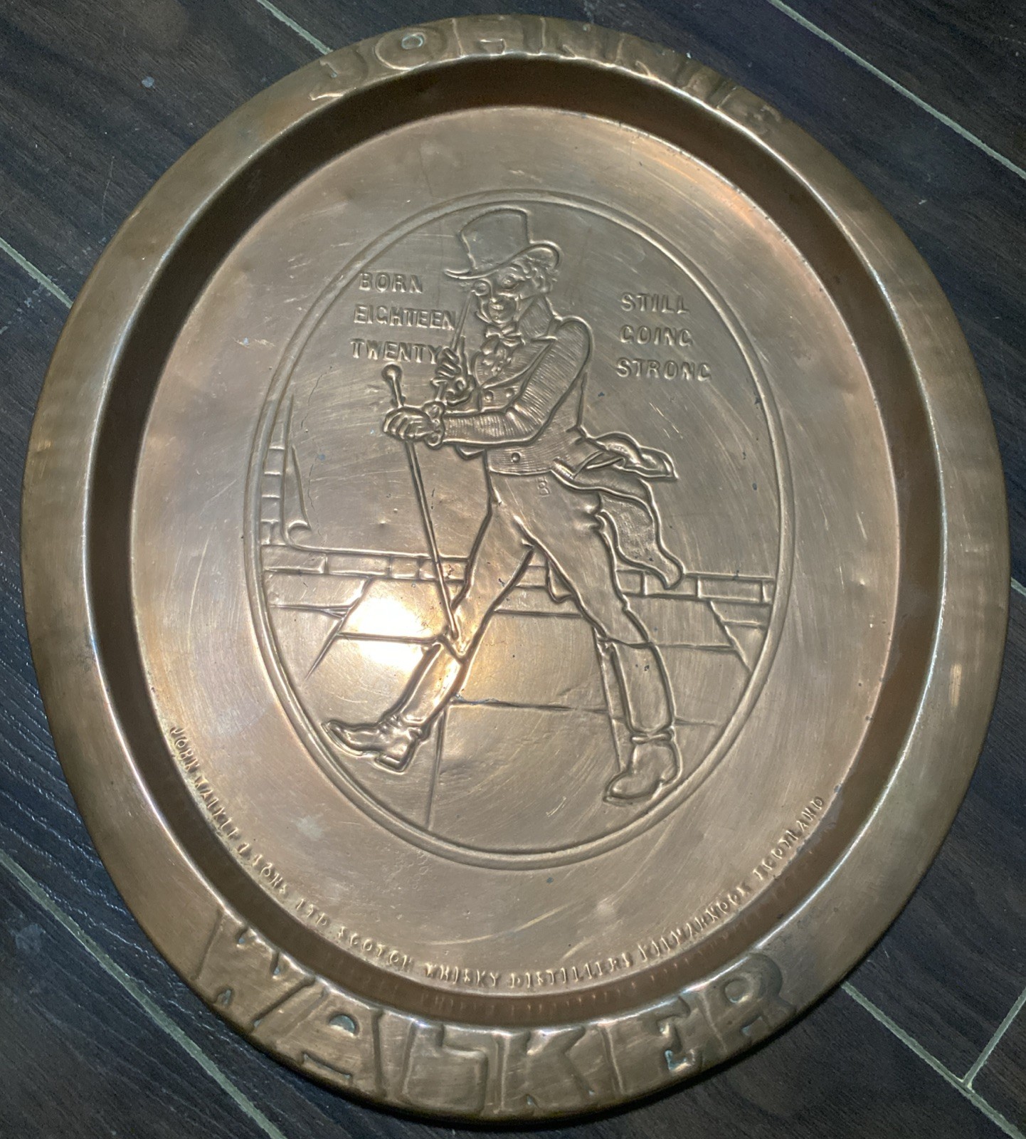 “JOHNNIE WALKER SCOTCH” VTG COPPER SERVING TRAY EMBOSSED ADVERT 13.5” X 11 5/8”