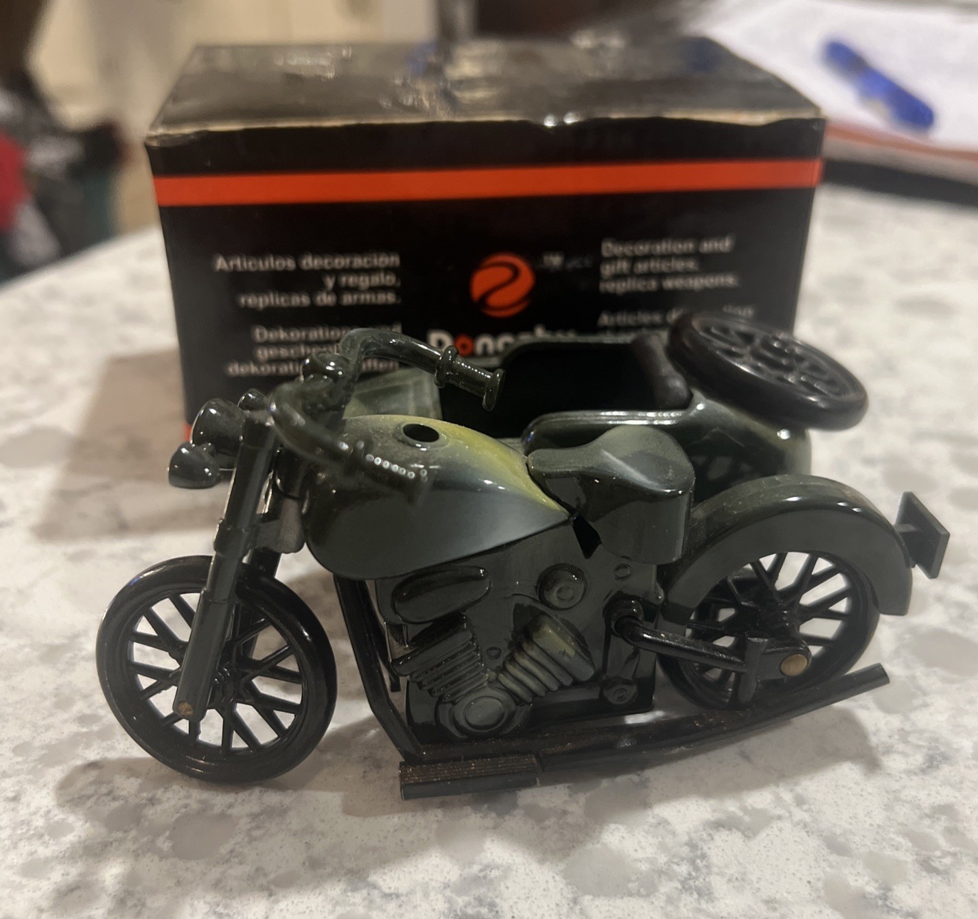 Vintage Dongzhu Lighter Olive Green Metal Military Motorcycle-w-Sidecar 