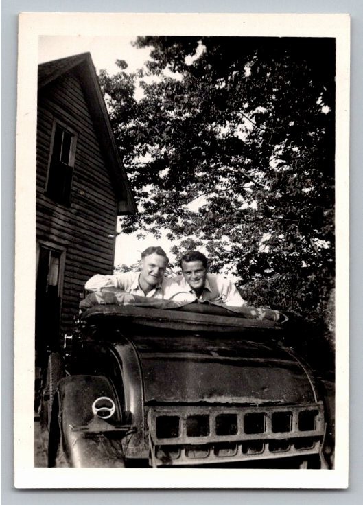 c1930s Two Men in Ford Model A Roadster Vintage Black & White Photo Snapshot