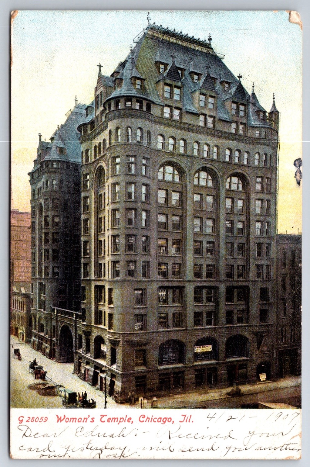 Woman\'s Temple Chicago Illinois- 1907 Rotograph Posted udb Postcard- Temperance